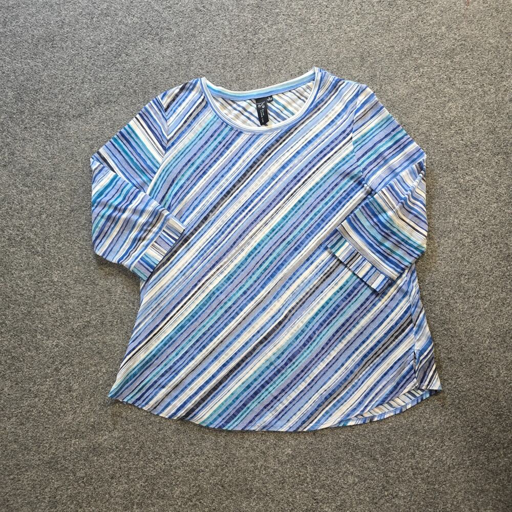 Focus Casual Life Top Womens Size Large Blue Striped Sheer 3/4 Sleeve Casual